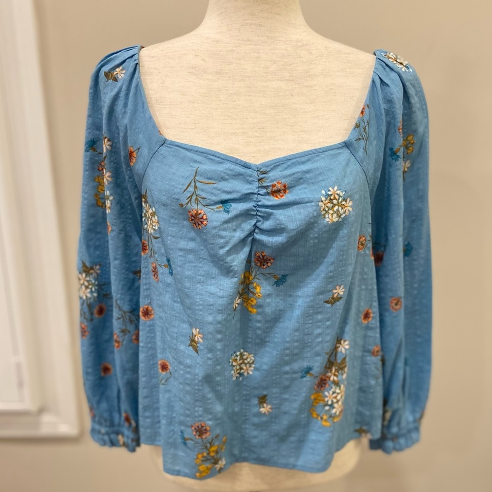 a.n.a Blue Floral Puff Sleeve Square Neck Blouse